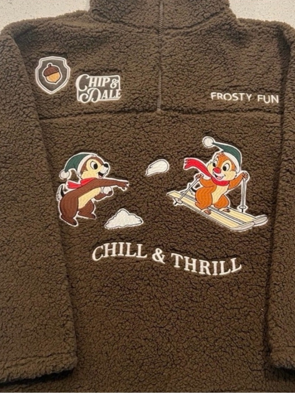 Disney Warm Chip and Dale brown fleece jacket with embroidered graphic Large